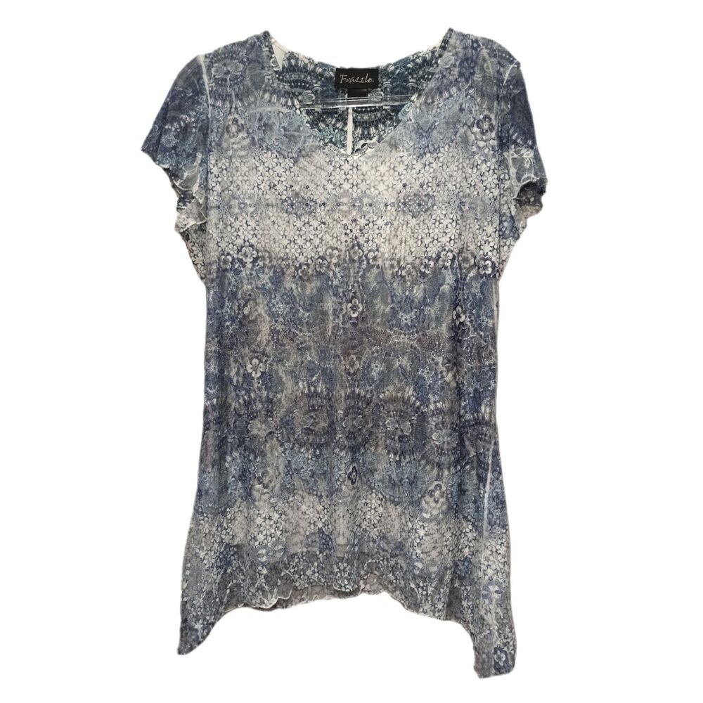 Frazzle Blue Sheer Lined Short Sleeve High Low Blouse Size XL